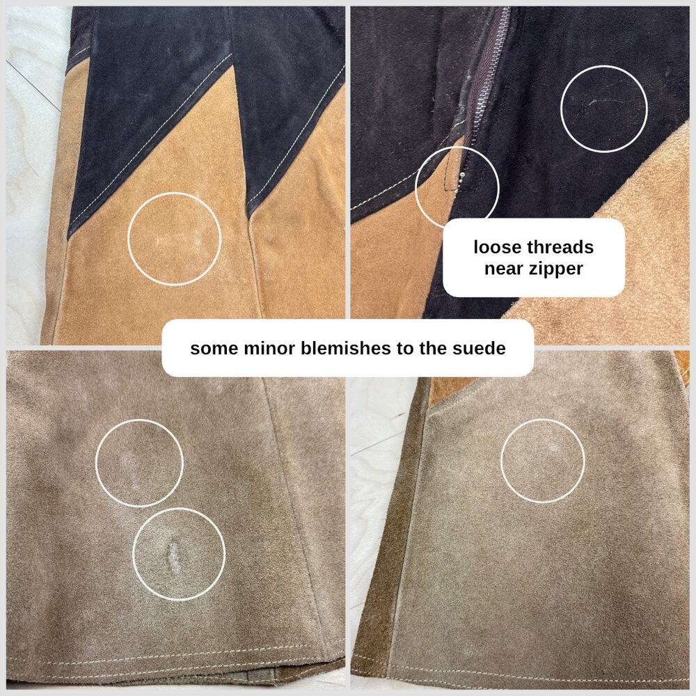 Vintage 1970s Brown Patchwork Suede Leather A-Line Midi Skirt - Picture 5 of 7